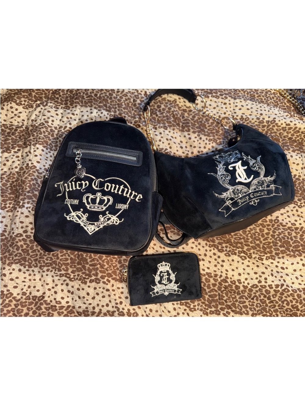 Juicy Couture Black Velvet Backpack, Shoulder Bag & Pouch Set
